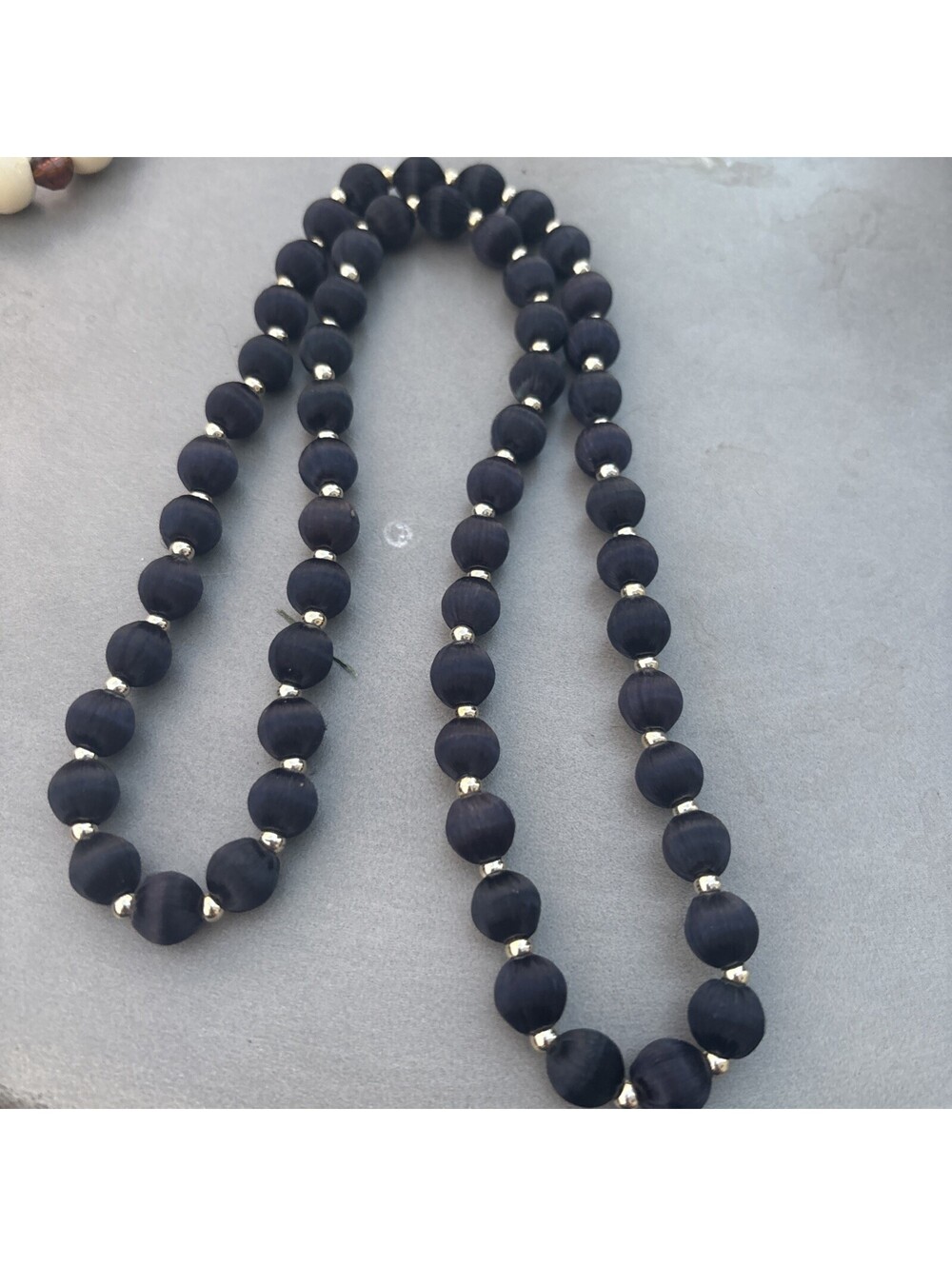 Necklace - Black Silk Thread Wrapped Beads w/Gold Tone Spacer Beads 30" - Vtg